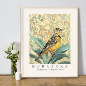 Impresión artística de pájaro estatal de Nebraska, Western Meadowlark, decoración de pared floral estilo William Morris, pájaros de patio NE, póster colorido grande