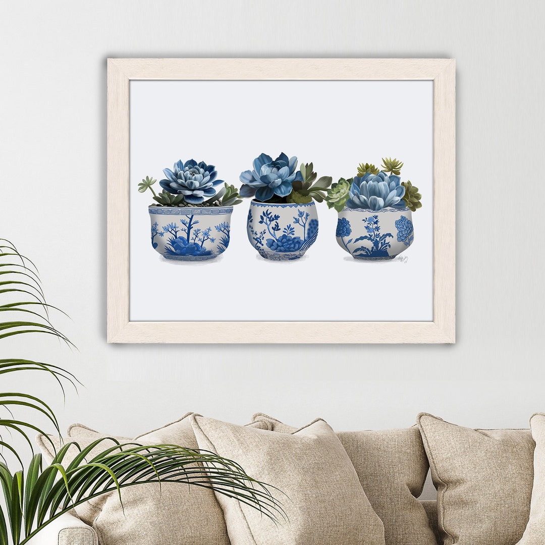 Chinoiserie Art Botanical Print, Trio of Blue & White Oriental Pots ...