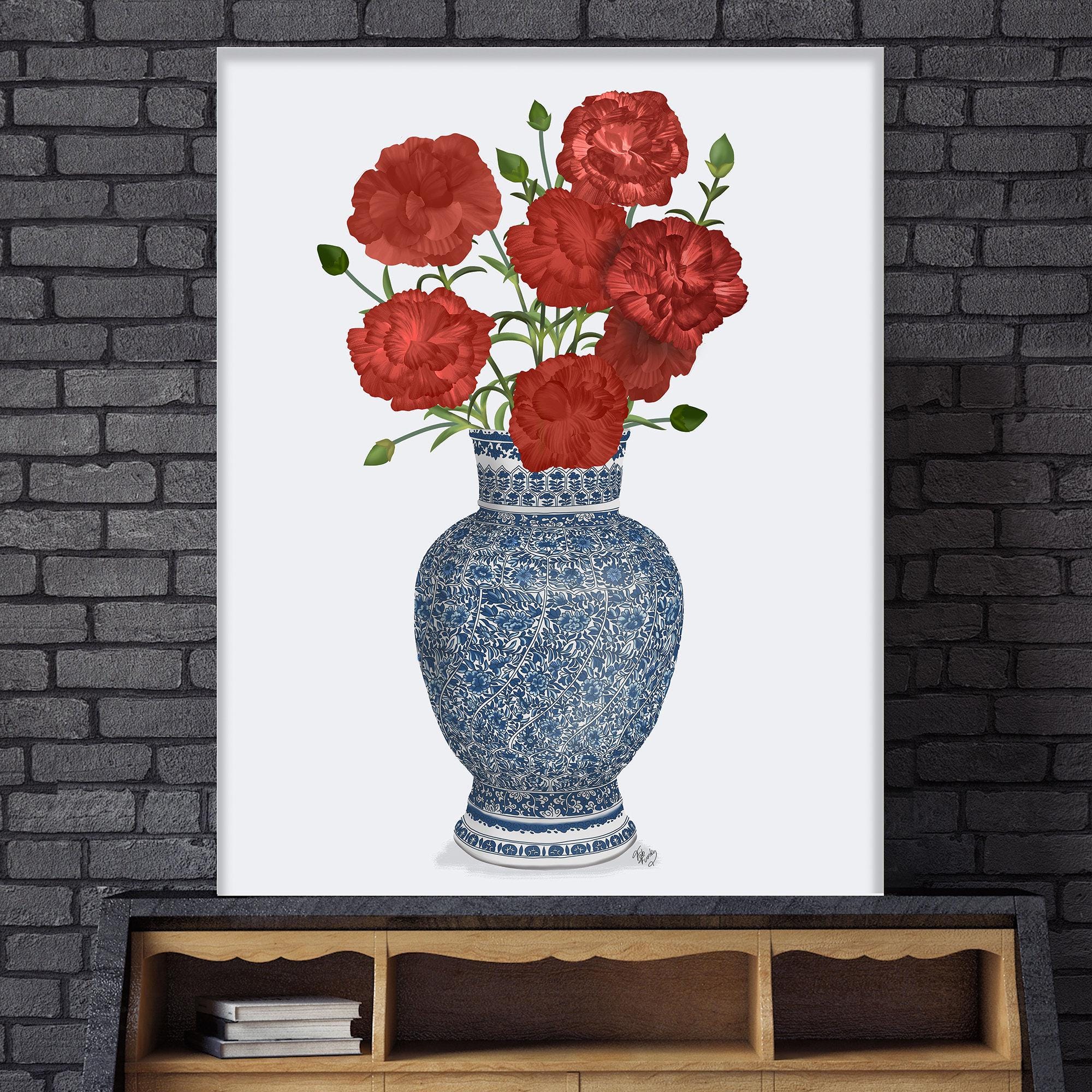 シノワズリの花瓶、赤いカーネーションのアート、赤い花柄プリント、青
