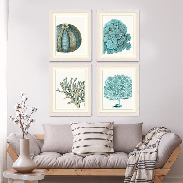 Blue Coral & Sea Urchin Art Prints - Set of 4 Nautical Illustrations