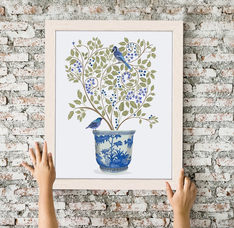 Blueberry tree chinoiserie planter and blue birds, Framed art, unframed print or canvas art made in UK, Oriental wall art for living room image 1