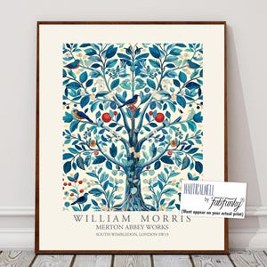 Impressão botânica estilo William Morris, pôster de árvore floral, grande arte de parede vintage, ilustração da natureza, decoração boho azul art nouveau de floresta
