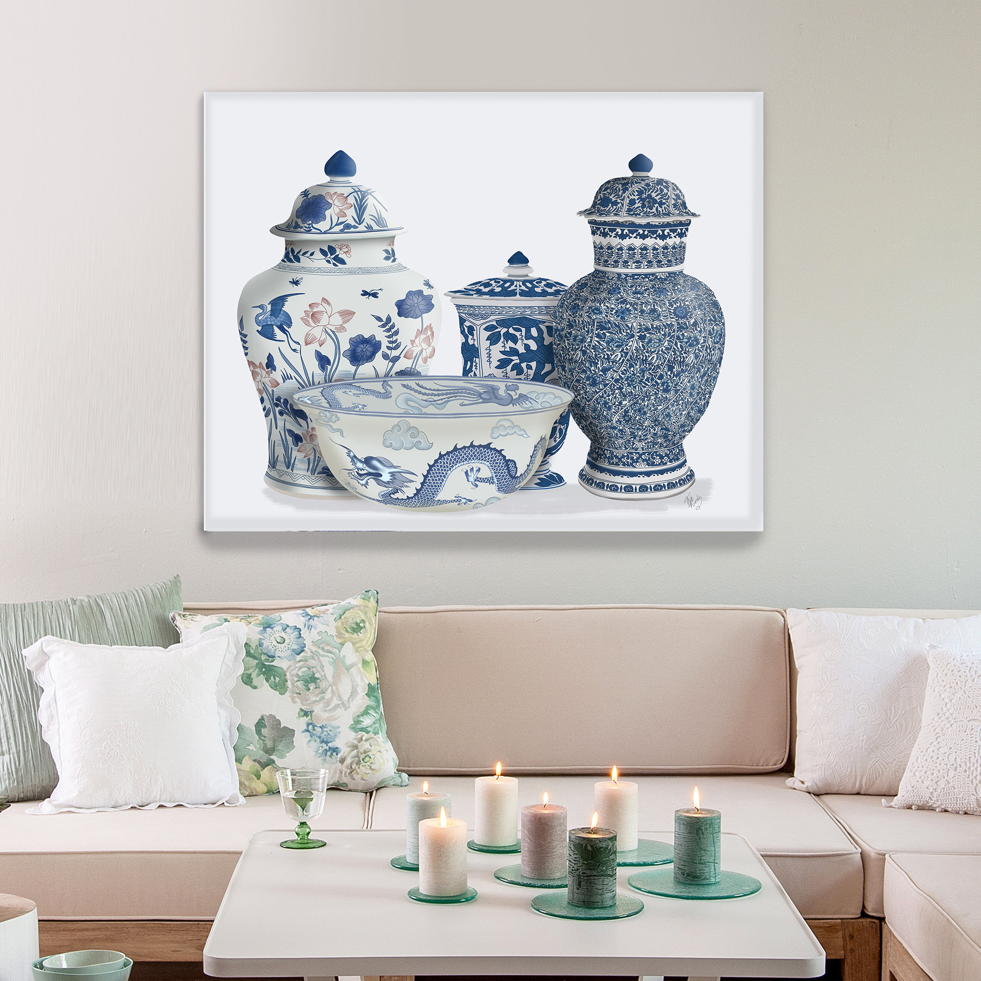中国の壁画、シノワズリの花瓶、青と白の陶磁器、明代の磁器、東