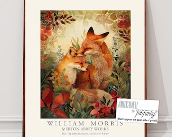 William Morris style print, William Morris poster, Cute Fox Illustration, Vintage style Botanical poster, Woodland animal wall art, fox cub