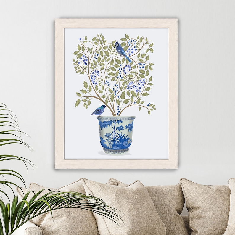 Blueberry tree chinoiserie planter and blue birds, Framed art, unframed print or canvas art made in UK, Oriental wall art for living room image 9