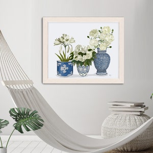 Chinoiserie vases, Blue and white, Botanical prints, Chinese wall art, Hamptons style, Floral art prints, Peonie lily carnation, Canvas art image 3