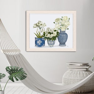 Chinoiserie vazen, Blauw en wit, Botanische prenten, Chinese muurkunst, Hamptons stijl, Bloemsierkunst prenten, Peonie lelie anjer, Canvas kunst afbeelding 3