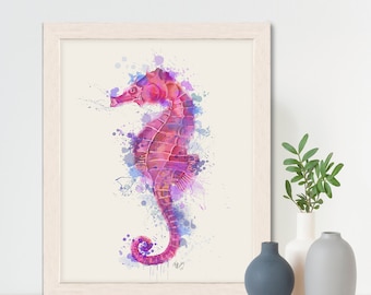 Seahorse coastal art - Seahorse pink watercolor print - Seahorse print Seahorse wall decor Nautical decor Ocean painting Coastal wall art