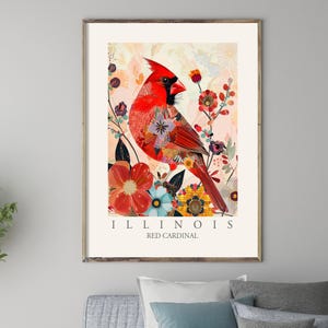 Impresión de pájaro del estado de Illinois, cardenal rojo, arte de pared de estilo abstracto moderno, decoración del hogar, pájaros de patio trasero de IL, EE. UU., póster bohemio colorido grande