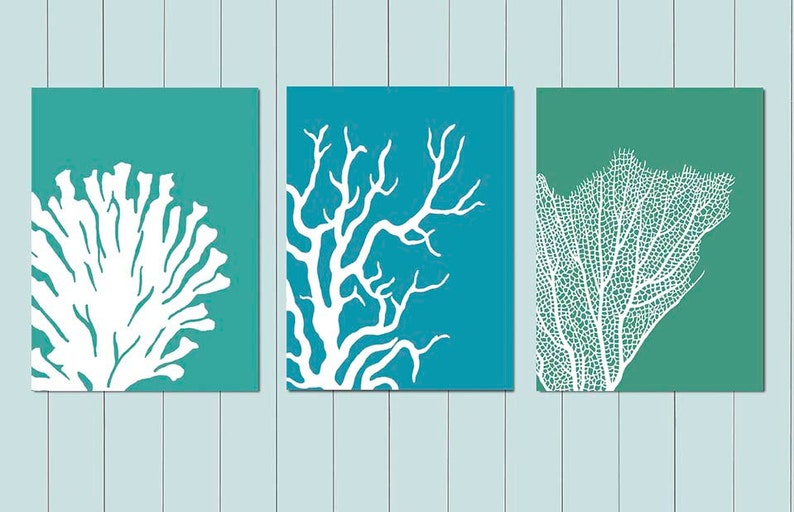 Coral Art Prints Set of 3 Turquoise 1 Nautical Print Coral print coral home decor coral wall art turquoise home decor Nautical Decor image 4