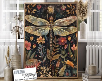 May include: A framed art print featuring a detailed illustration of a dragonfly with golden wings, set against a dark background filled with colorful flowers and foliage. The artwork has a vintage aesthetic.