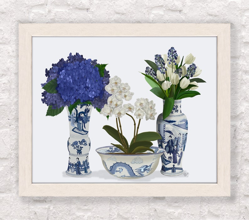 Chinoiserie Art Blue and White China Botanical Decor Etsy