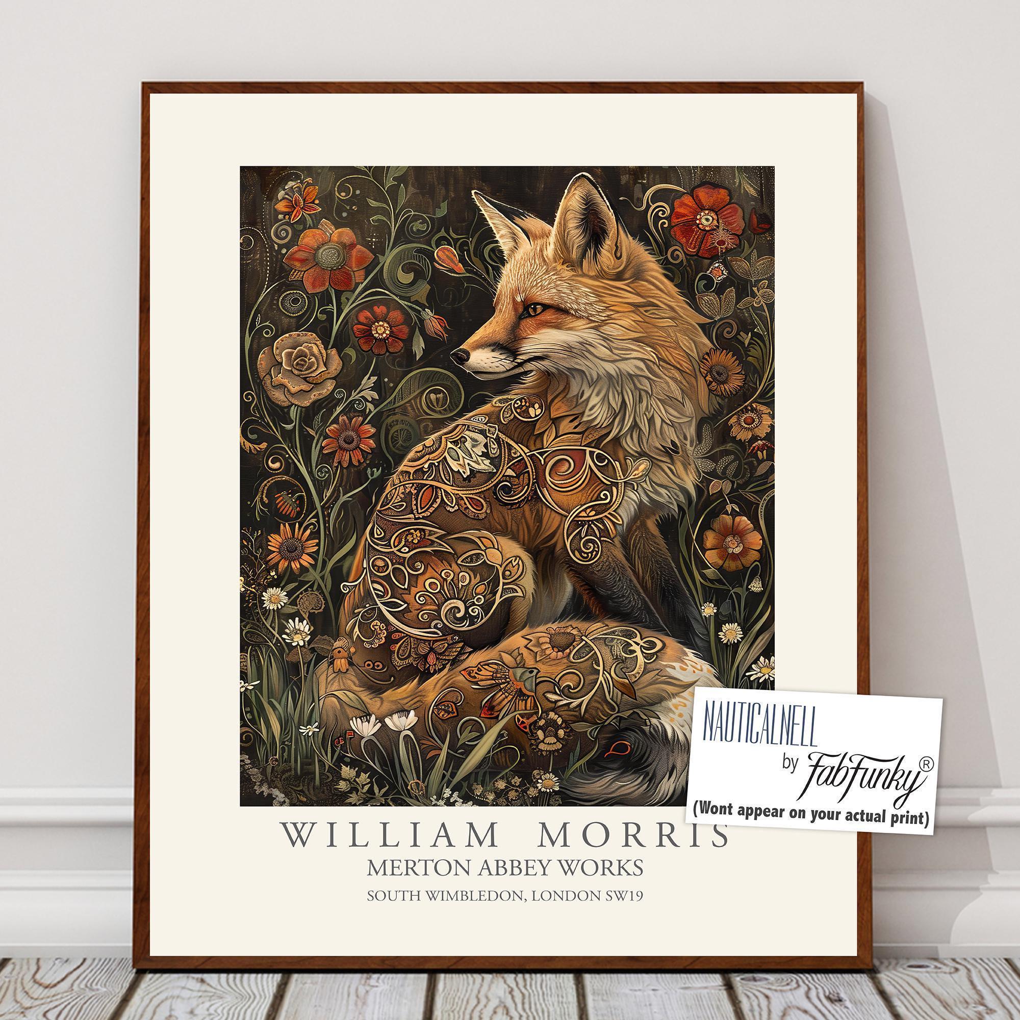 William Morris style print, William Morris poster, Fox Illustration, Vintage style Botanical poster, Woodland William Morris wall art animal