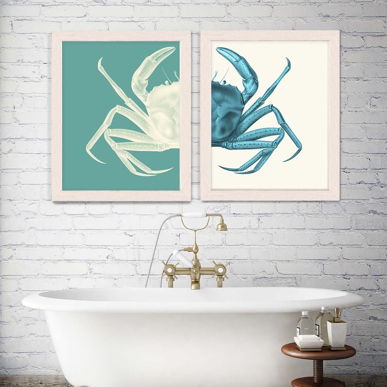 Nautical Art Prints Crab Prints Turquoise Nautical gift bathroom Decor Nautical Decor Wall Art Beach House Crab Picture housewarming gift image 2