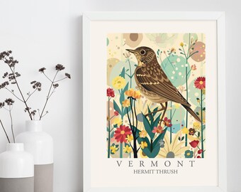 Hermit Thrush Art Print, Vermont State Bird, Modern Floral Wall Decor