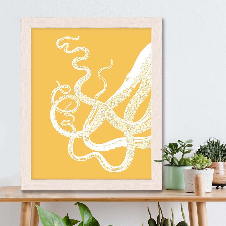 Octopus Tentacles White/Mustard, Octopus print Nautical print beach house decor coastal living kraken print Nautical Home Decor Beach Decor image 2