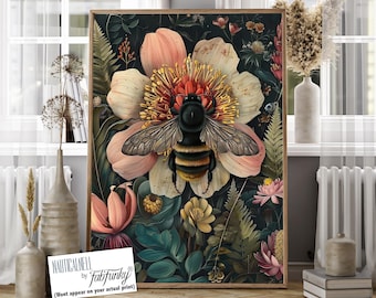 Bee Wall Art, Cute Bumblebee Print, William Morris style honeybee poster, Beautiful Vintage Moody Botanical Woodland Insect Lover artwork