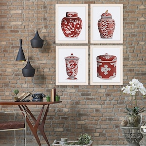 Chinoiserie wall art, Set of 4 Ginger jar prints, Chinese room decor, Red and white china, Dining room decor, Asian canvas art
