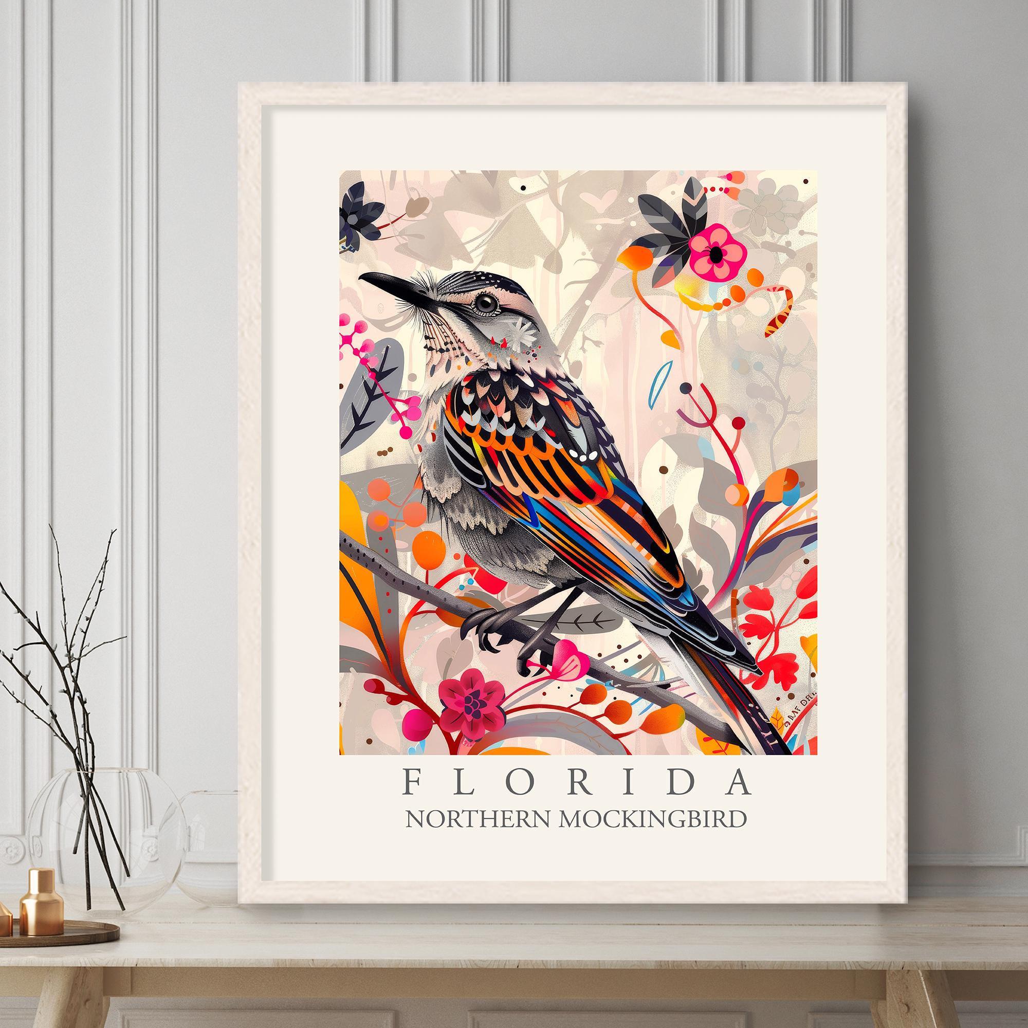 Northern Mockingbird Florida State Bird Print, Modern Abstract