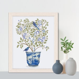 Blueberry tree chinoiserie planter and blue birds, Framed art, unframed print or canvas art made in UK, Oriental wall art for living room image 3