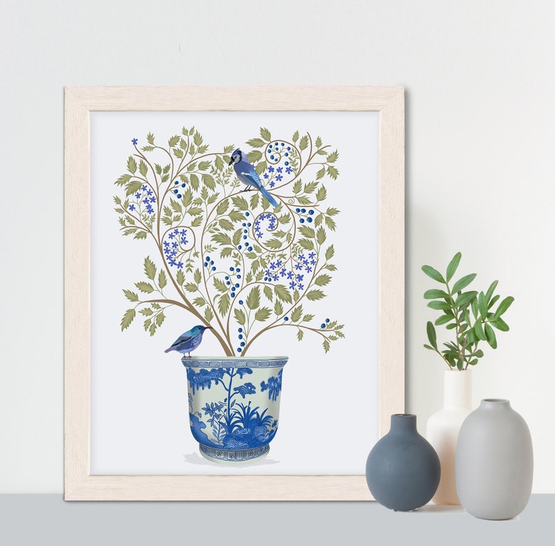 Blueberry tree chinoiserie planter and blue birds, Framed art, unframed print or canvas art made in UK, Oriental wall art for living room image 3