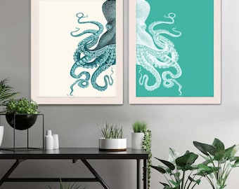Set of 2 Octopus Prints in Turquoise and Cream, Nautical Decor for bathroom wall, Octopus Wall Art, Modern Coastal Home Decor, Beach House