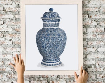 Niebieski wazon w stylu chinoiserie, dekoracja ścienna w galerii Coastal