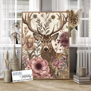Deer Wall Art Stag Print, William Morris style poster, Vintage style Botanical poster, Woodland Animal, Gift for Deer Lover, Dark pink moody