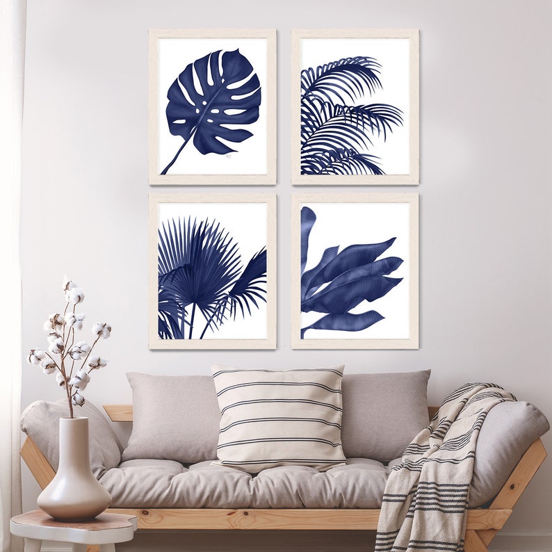 Tropisches Dekor Tropische Blätter 1, blau auf weiß Palmenblätter Tropische Kunst Palmenblätter Wandkunst Blau Kunstdruck Bild 1