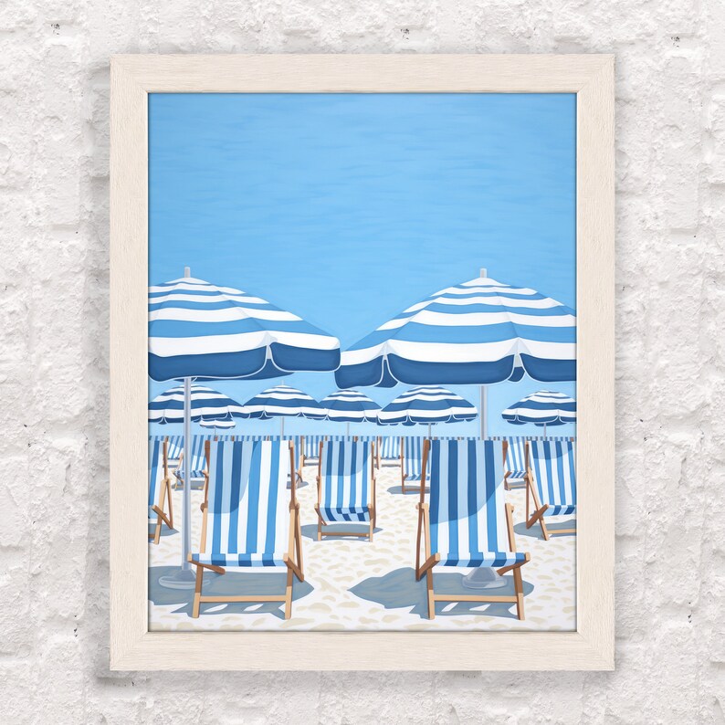 French Riviera scene, Retro beach umbrella, Modern coastal art, Blue and white decor, Summer beach club decor Vintage parasol wall art print image 6