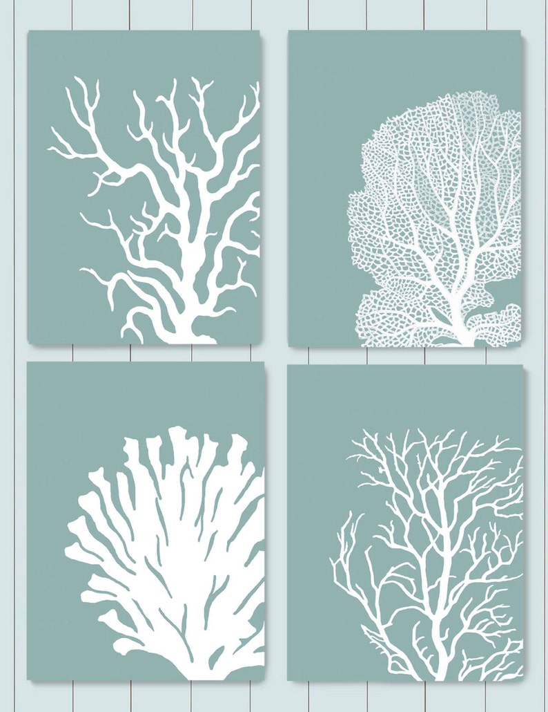 Set 4 Coral Prints Mist Blue/Green, Nautical print nautical Poster coral art Wall Art Wall Decor Wall Hanging beach house bathroom poster image 8