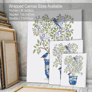 Blueberry tree chinoiserie planter and blue birds, Framed art, unframed print or canvas art made in UK, Oriental wall art for living room image 7