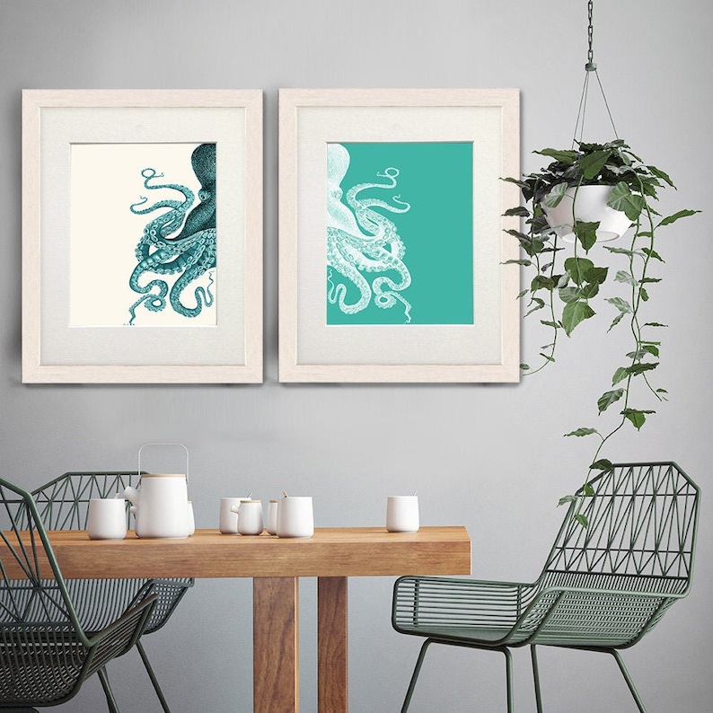 Octopus Prints Turquoise & cream Set of 2 , Octopus art Nautical Print Beach Decor bathroom Decor Nautical Decor Wall Art Beach House Decor image 8