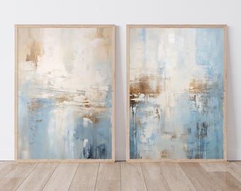 Abstract Coastal Wall Art Set of 2 Prints, Classic Modern Living Room Art Prints for Peaceful Beach Ocean Living Home Decor Ready to Hang