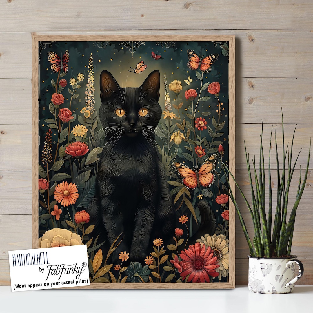 Shorthair Black Cat Art Print, Whimsical Cat Wall Art, Cute Cat Print ...