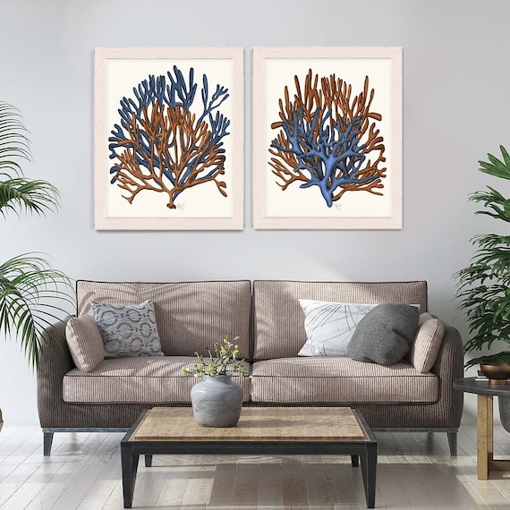 Set of 2 Blue and Orange Coral Prints Nautical Print Art | Etsy