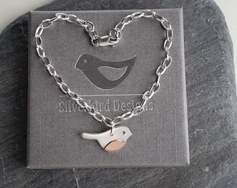 Handcrafted Sterling Silver 925 and Copper Robin Bracelet - Gift for Her - Silver and copper Robin - Robin Red Breast by Silverbird Designs