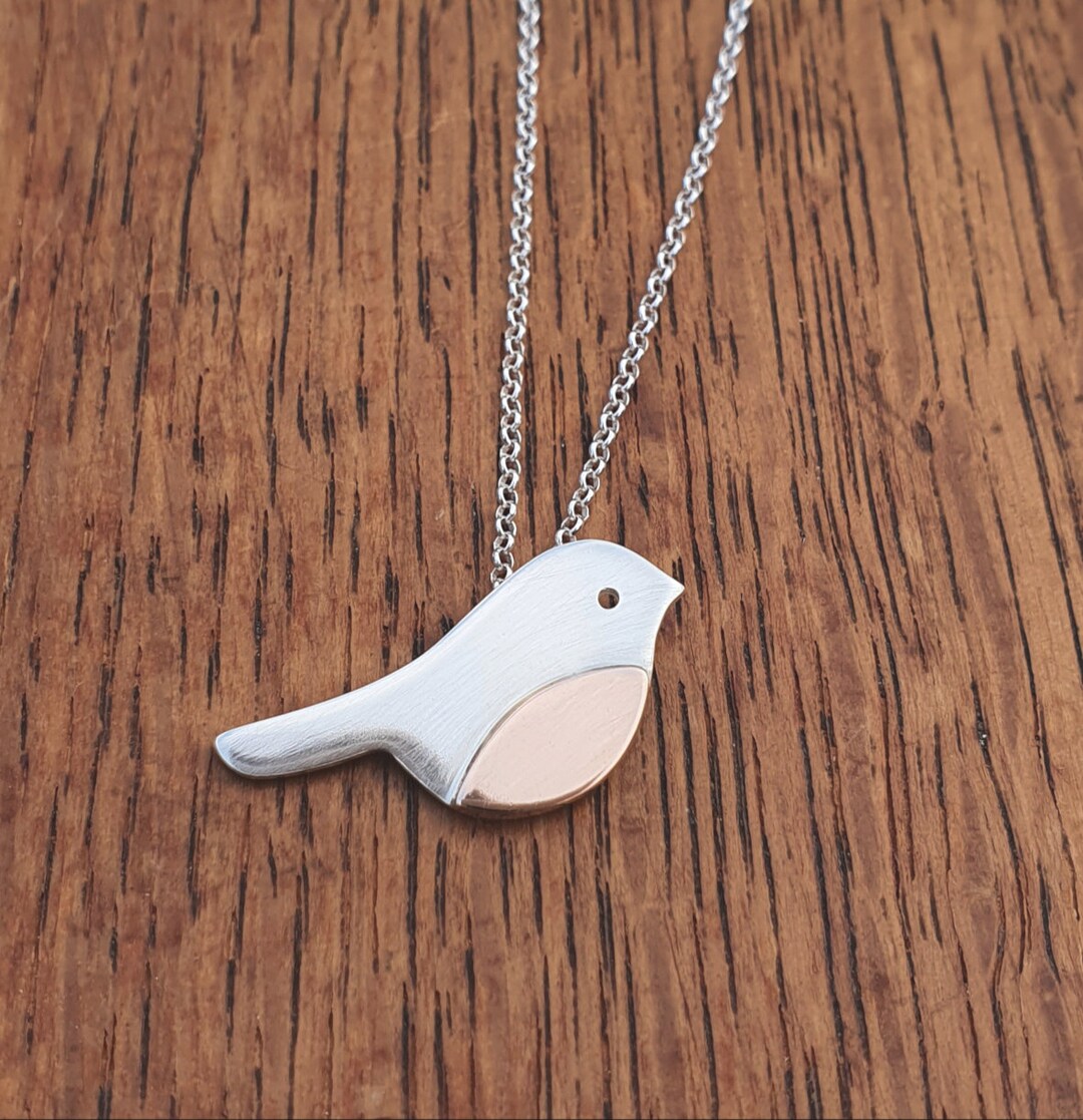 Old English Jewellers Solid Sterling Silver Robin On Branch Pendant With Natural Amber Stone - Choice Of Curb Link Chain