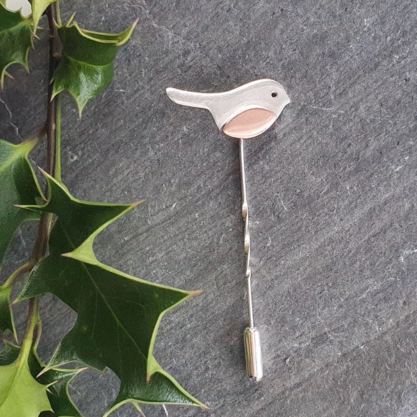 Robin Pin / Brooch Sterling Silver and Copper - Robin Lapel Pin - Hat Pin - Brooch Pin - Scarf Pin - Unisex Bird Gift by Silverbird Designs