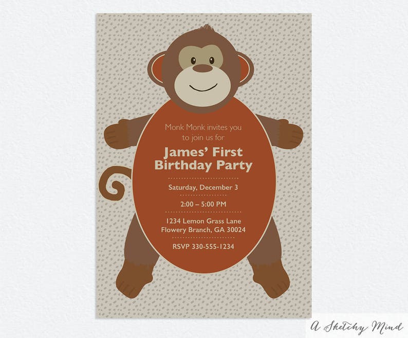 Monkey Birthday Invitation Monkey Invitations Monkey First Etsy