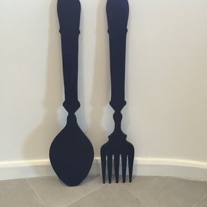 Large fork and spoon, large wood fork and spoon, vintage inspired, kitchen decor, handmade, modern black, wall decor, Farmhouse decor image 4