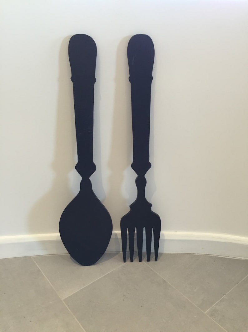 Large fork and spoon, large wood fork and spoon, vintage inspired, kitchen decor, handmade, modern black, wall decor, Farmhouse decor image 4