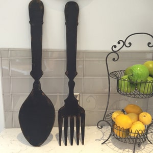 Large fork and spoon, large wood fork and spoon, vintage inspired, kitchen decor, handmade, modern black, wall decor, Farmhouse decor image 1