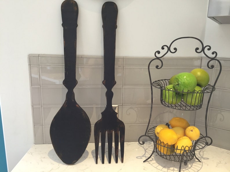 Large fork and spoon, large wood fork and spoon, vintage inspired, kitchen decor, handmade, modern black, wall decor, Farmhouse decor image 1