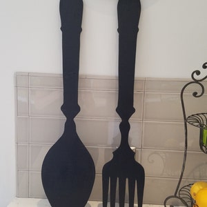 Large fork and spoon, large wood fork and spoon, vintage inspired, kitchen decor, handmade, modern black, wall decor, Farmhouse decor image 3