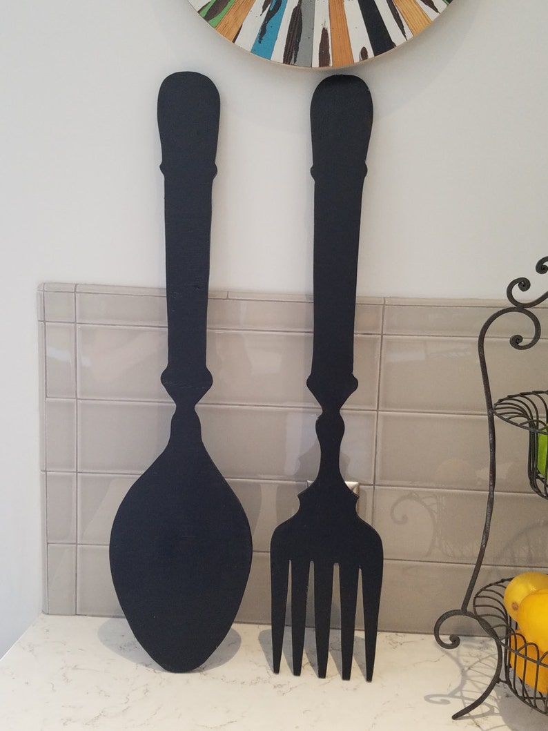 Large fork and spoon, large wood fork and spoon, vintage inspired, kitchen decor, handmade, modern black, wall decor, Farmhouse decor image 3