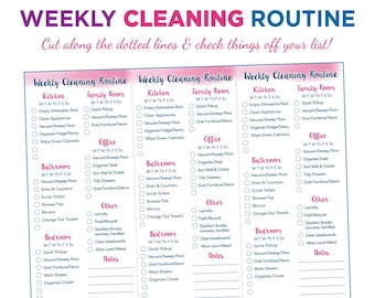 May include: A printable weekly cleaning routine checklist featuring three identical columns with sections for Kitchen, Family Room, Office, Bathroom, Bedroom, and Other. The text reads Weekly Cleaning Routine and Cut along the dotted lines & check things off your list!