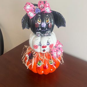 Halloween Stacked Pumpkin Topiary, Hand-Painted Bat and Ghost Centerpiece