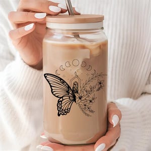 Moon Phase, Butterfly, Floral, Celestial Witchy Clear Glass Sipper Cup, Ice Coffee Cup, Crystals, Witchy Gift, Sipper Glass, 16oz