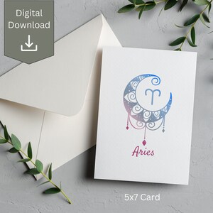 Cartão de aniversário de Áries, cartão de aniversário do Zodíaco, cartão de aniversário para impressão, download instantâneo, cartão de felicitações personalizado, presente de aniversário, presente personalizado